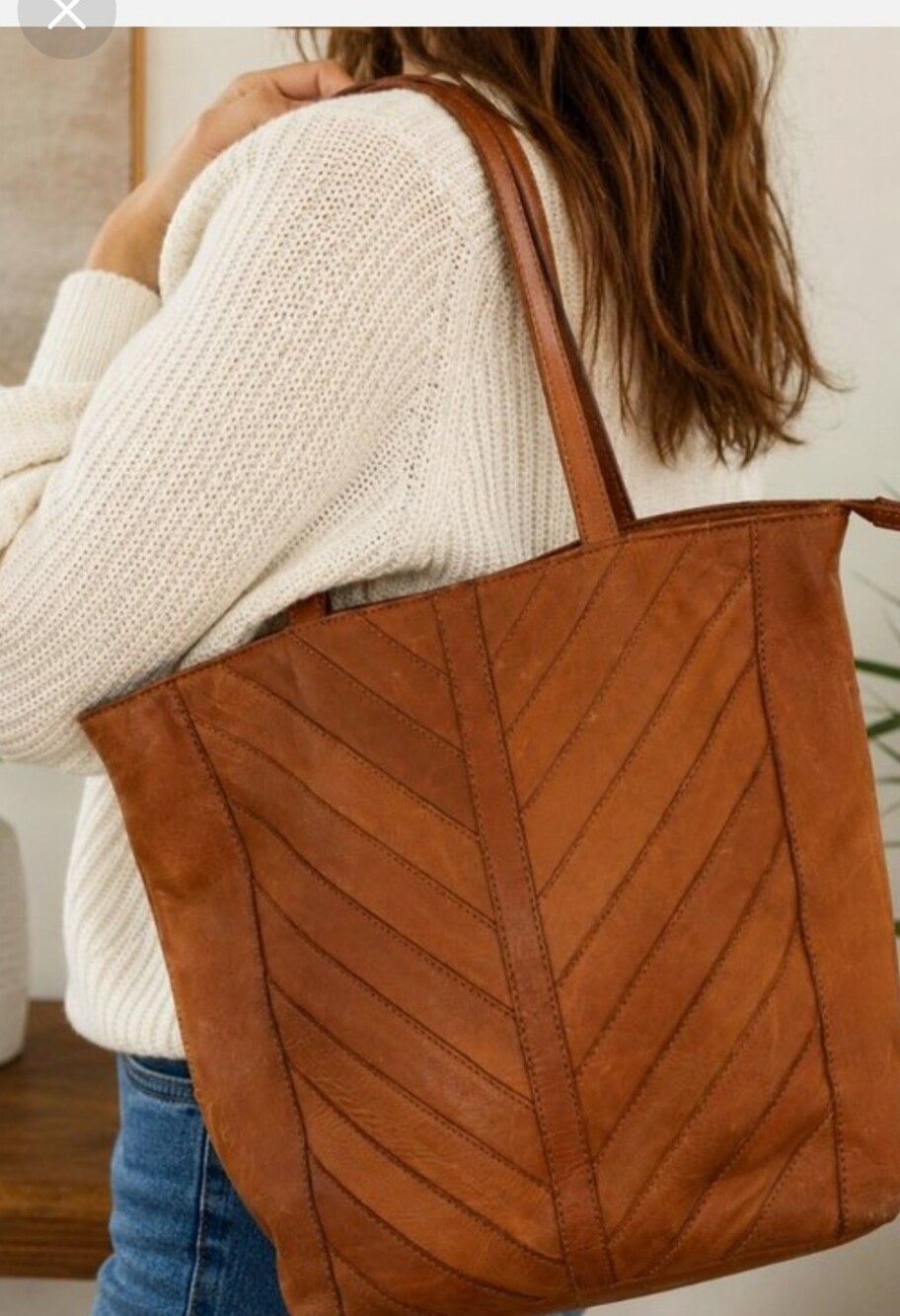 Margot New York Chevron-Panel Cognac Leather Tote